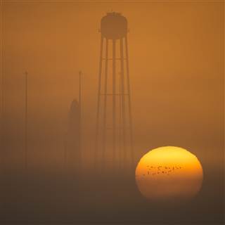 Image: The Orbital ATK Antares rocket, with the Cygnus spacecraft onboard stands on launch Pad-0A during sunrise Image: The Orbital ATK Antares rocket, with the Cygnus spacecraft onboard stands on launch Pad-0A during sunrise