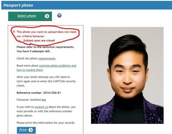 A screenshot of New Zealand man Richard Lee's passport photo rejection notice, supplied to Reuters A screenshot of New Zealand man Richard Lee's passport photo rejection notice, supplied to Reuters