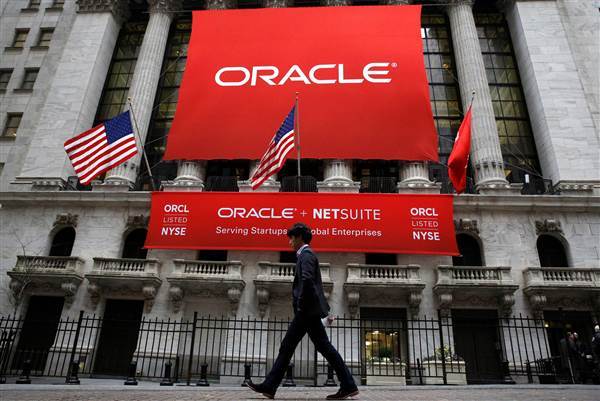 Image: An Oracle banner hangs outside the New York Stock Exchange (NYSE) in New York City
