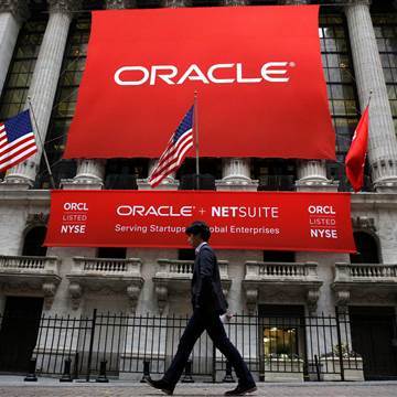Image: An Oracle banner hangs outside the New York Stock Exchange (NYSE) in New York City