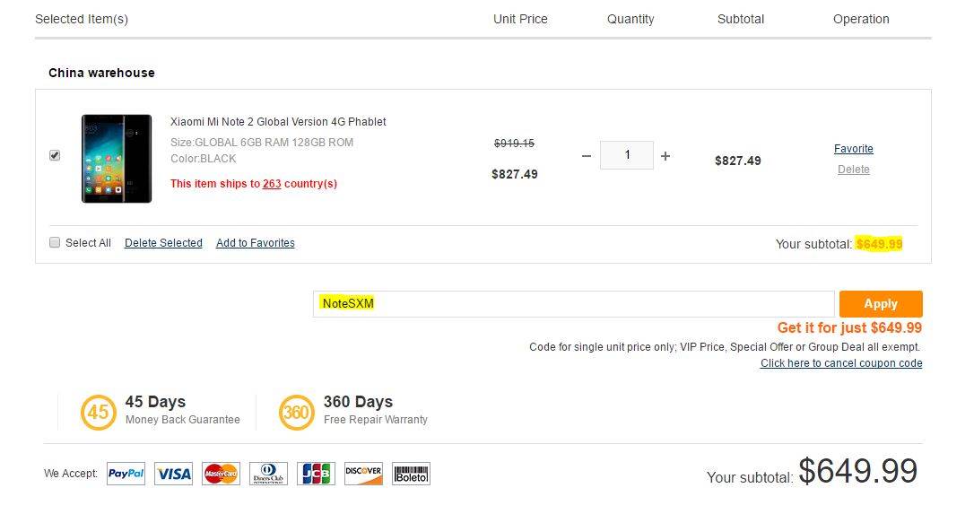 Xiaomi Mi NOte 2 Global Version Coupon