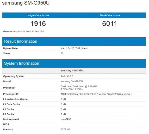 Galaxy S8 on Geekbench