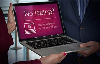 Image: Qatar Airways announces offer of replacement laptop to passengers on all flights to the U.S. in response to the Electronics Ban. Image: Qatar Airways announces offer of replacement laptop to passengers on all flights to the U.S. in response to the Electronics Ban.