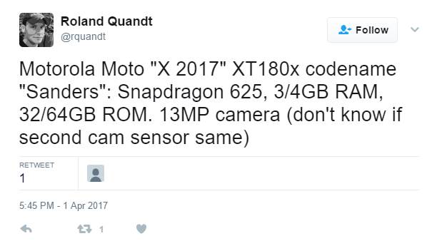Tweet from @rquandt about the Moto X (2017)